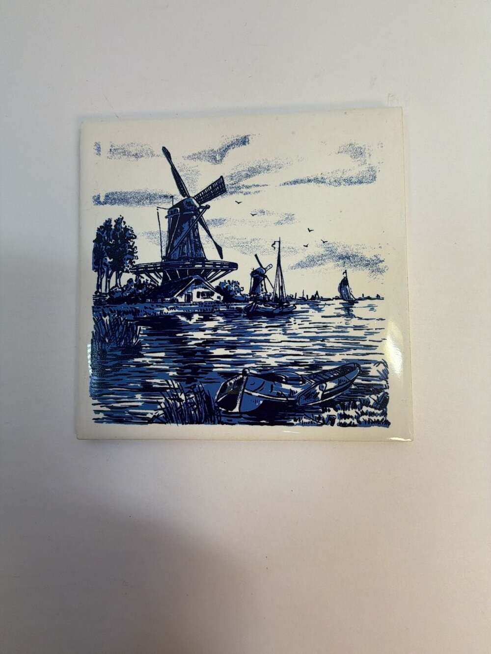 Vintage Dutch Windmill Blue and White Ceramic Decorative Tile